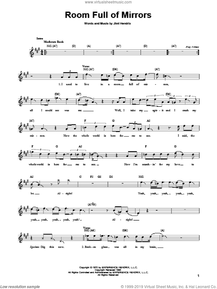 Room Full Of Mirrors sheet music for guitar solo (chords) by Jimi Hendrix and The Pretenders, easy guitar (chords)