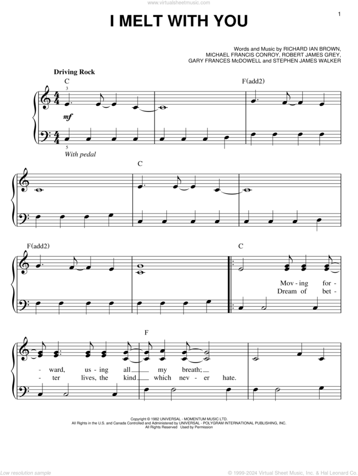 I Melt With You sheet music for piano solo by Modern English, Gary Frances McDowell, Michael Francis Conroy, Richard Ian Brown, Robert James Grey and Stephen James Walker, easy skill level