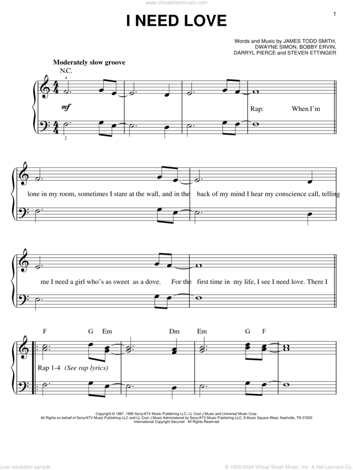 I Need Love sheet music for piano solo by LL Cool J, Bobby Ervin, Bobby Erving, Darryl Pierce, Dwayne Simon, James Todd Smith and Steven Ettinger, easy skill level