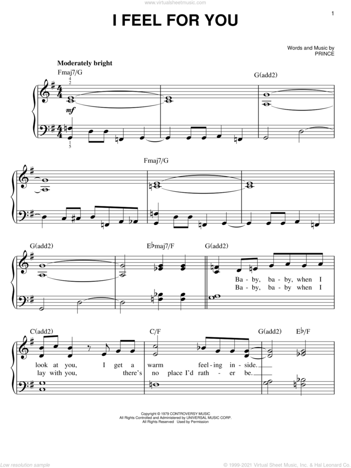I Feel For You sheet music for piano solo by Chaka Khan and Prince, easy skill level