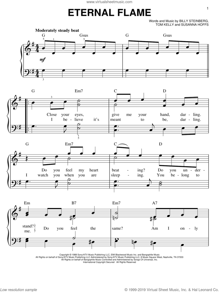 Eternal Flame sheet music for piano solo by Billy Steinberg, The Bangles, Susanna Hoffs and Tom Kelly, wedding score, easy skill level