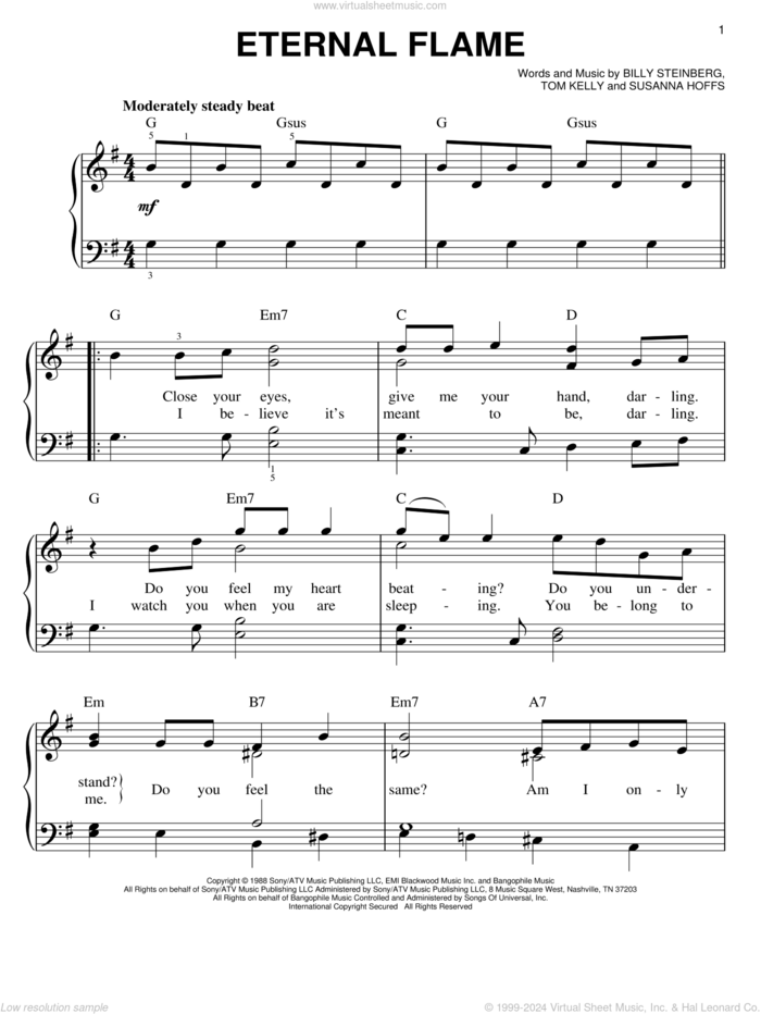 Eternal Flame, (easy) sheet music for piano solo by The Bangles, Billy Steinberg, Susanna Hoffs and Tom Kelly, wedding score, easy skill level