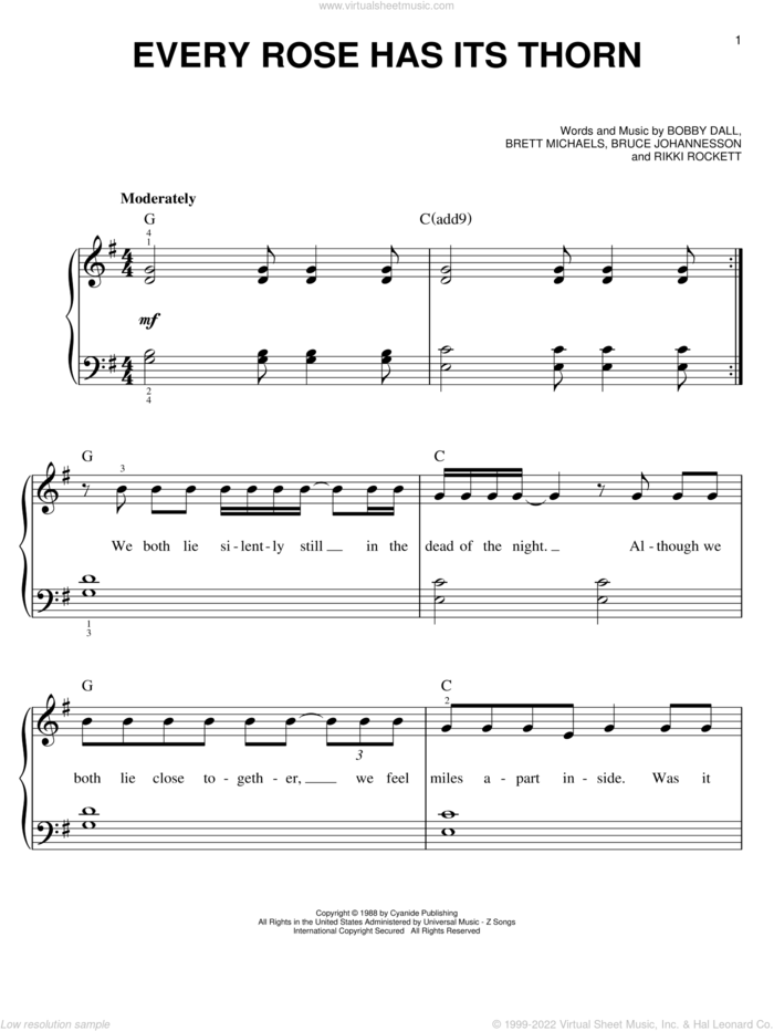 Every Rose Has Its Thorn sheet music for piano solo by Poison, Bobby Dall, Brett Michaels, Bruce Anthony Johannesson and Rikki Rockett, easy skill level