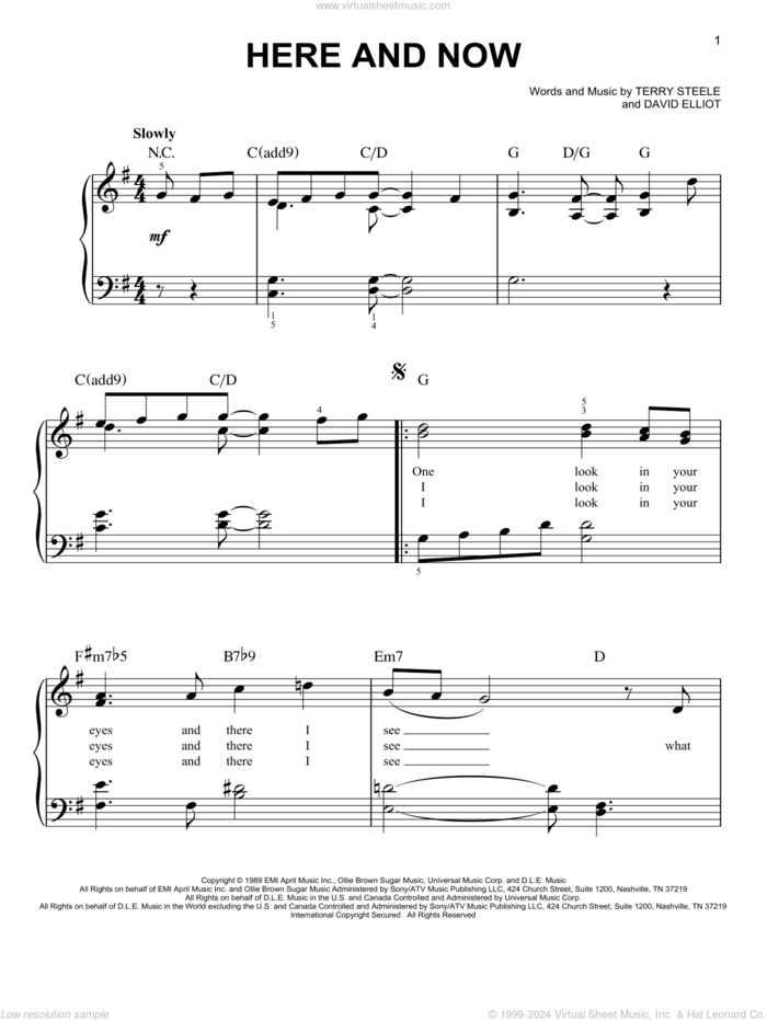 Here And Now, (easy) sheet music for piano solo by Luther Vandross, David Elliot and Terry Steele, wedding score, easy skill level