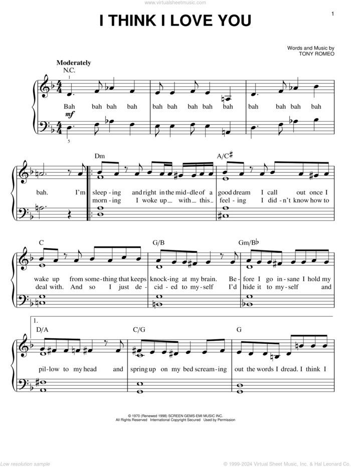 I Think I Love You sheet music for piano solo by The Partridge Family and Tony Romeo, easy skill level