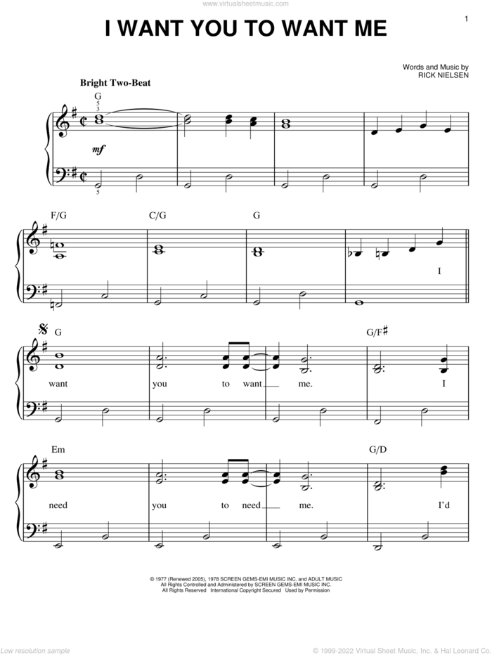 I Want You To Want Me sheet music for piano solo by Cheap Trick and Rick Nielsen, easy skill level