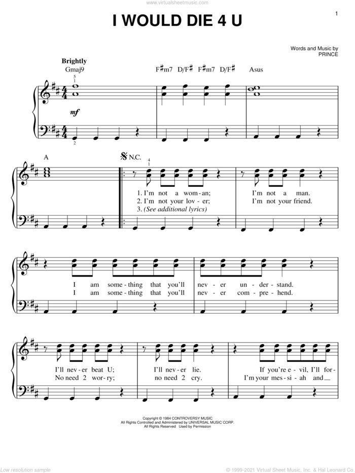 I Would Die 4 U sheet music for piano solo by Prince and Prince & The Revolution, easy skill level