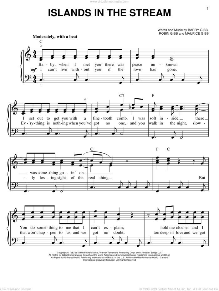 Islands In The Stream, (easy) sheet music for piano solo by Kenny Rogers & Dolly Parton, Bee Gees, Dolly Parton, Kenny Rogers, Kenny Rogers and Dolly Parton, Barry Gibb, Maurice Gibb and Robin Gibb, easy skill level