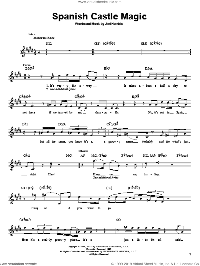 Spanish Castle Magic sheet music for guitar solo (chords) by Jimi Hendrix, Spin Doctors and Yngwie Malmsteen, easy guitar (chords)
