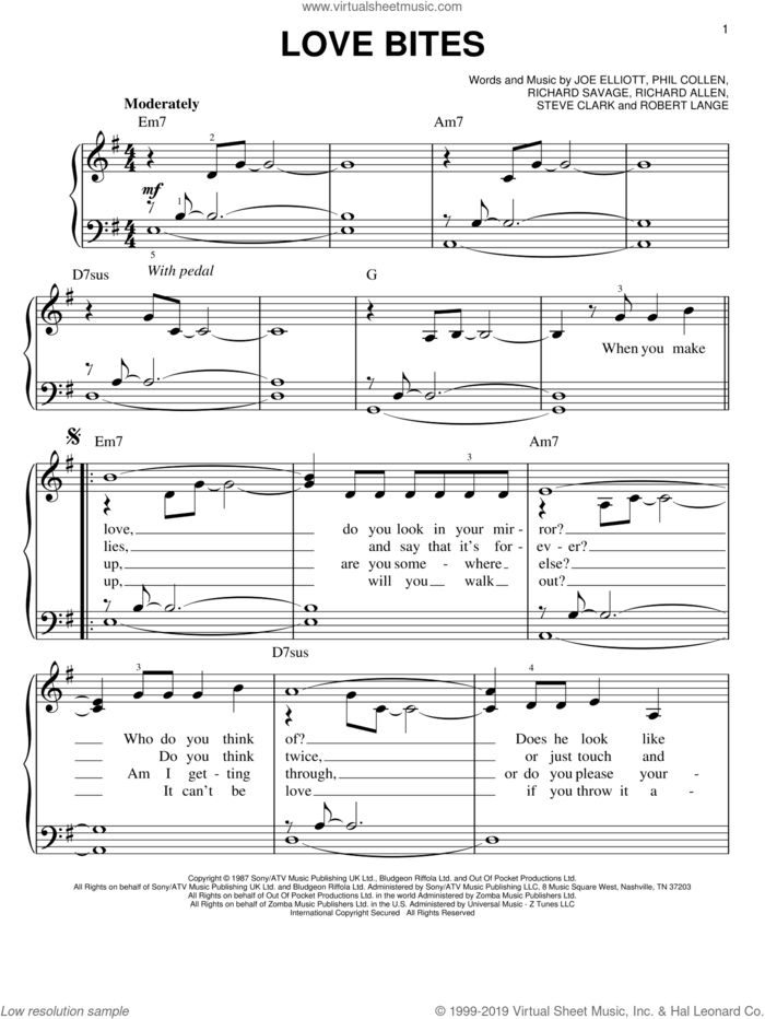Love Bites sheet music for piano solo by Def Leppard, Joe Elliott, Phil Collen, Richard Allen, Richard Savage, Robert John Lange and Steve Clark, easy skill level