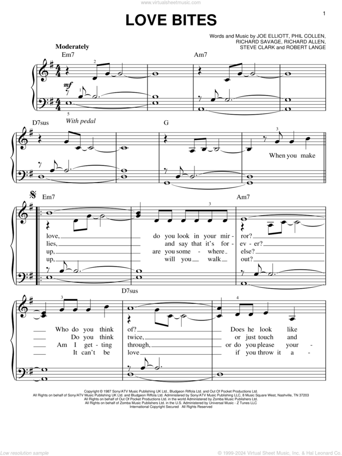 Love Bites sheet music for piano solo by Def Leppard, Joe Elliott, Phil Collen, Richard Allen, Richard Savage, Robert John Lange and Steve Clark, easy skill level