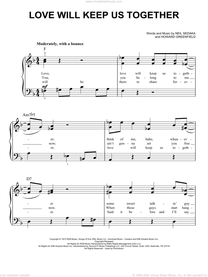 Love Will Keep Us Together sheet music for piano solo by Captain & Tennille, Howard Greenfield and Neil Sedaka, easy skill level