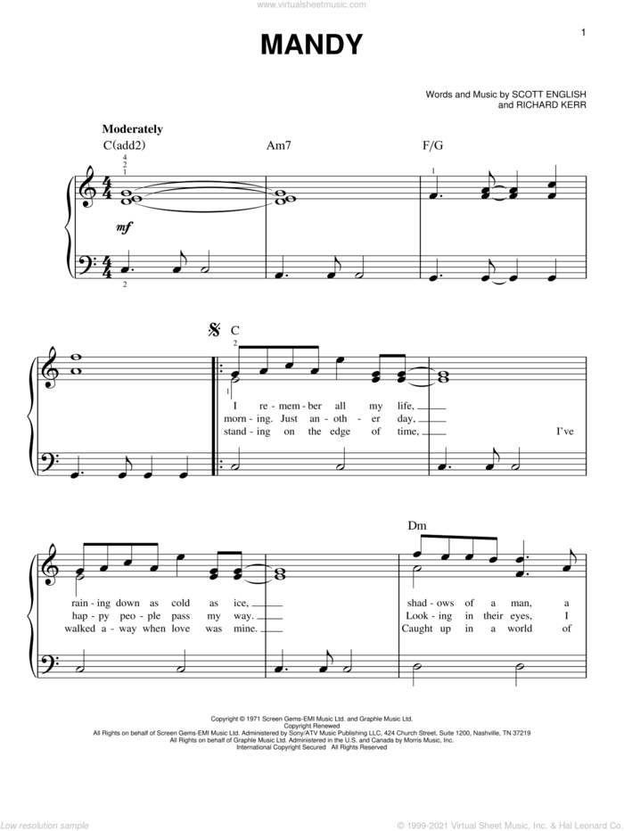 Mandy sheet music for piano solo by Barry Manilow, Richard Kerr and Scott English, easy skill level