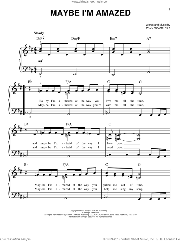 Maybe I'm Amazed sheet music for piano solo by Paul McCartney, wedding score, beginner skill level
