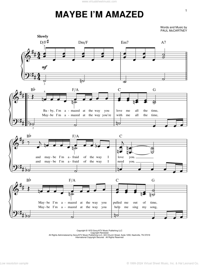 Maybe I'm Amazed sheet music for piano solo by Paul McCartney, wedding score, beginner skill level