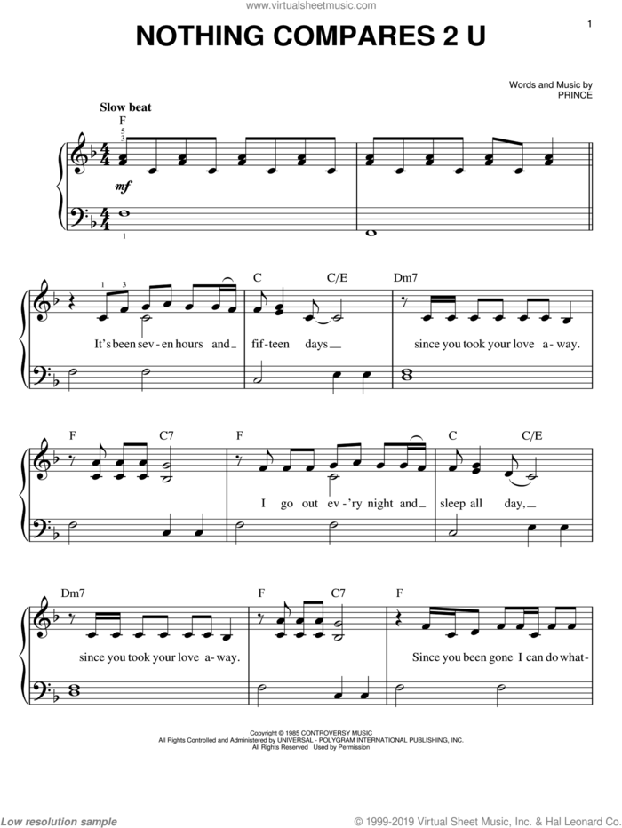 Nothing Compares 2 U, (easy) sheet music for piano solo by Sinead O'Connor and Prince, easy skill level