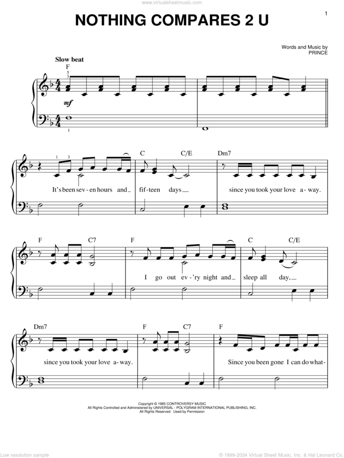 Nothing Compares 2 U, (easy) sheet music for piano solo by Sinead O'Connor and Prince, easy skill level