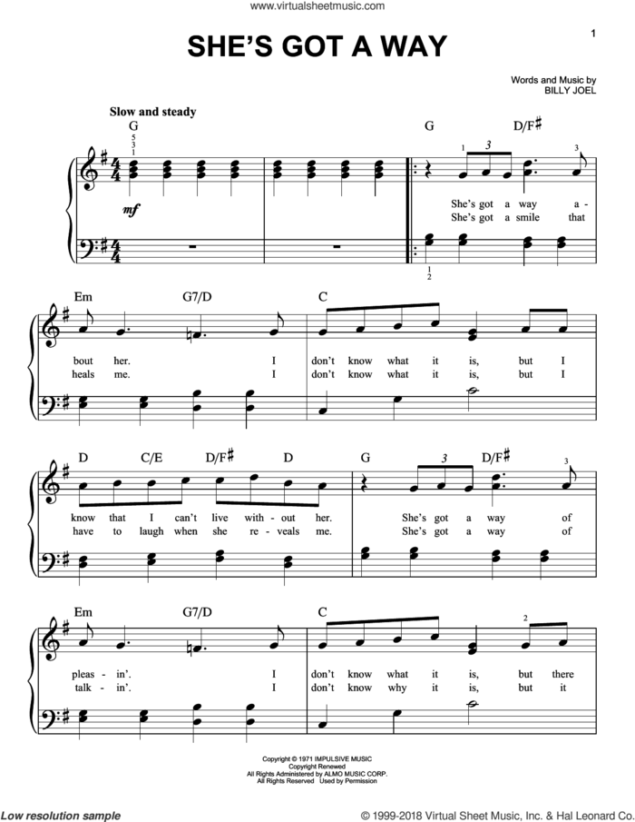 She's Got A Way sheet music for piano solo by Billy Joel, wedding score, easy skill level