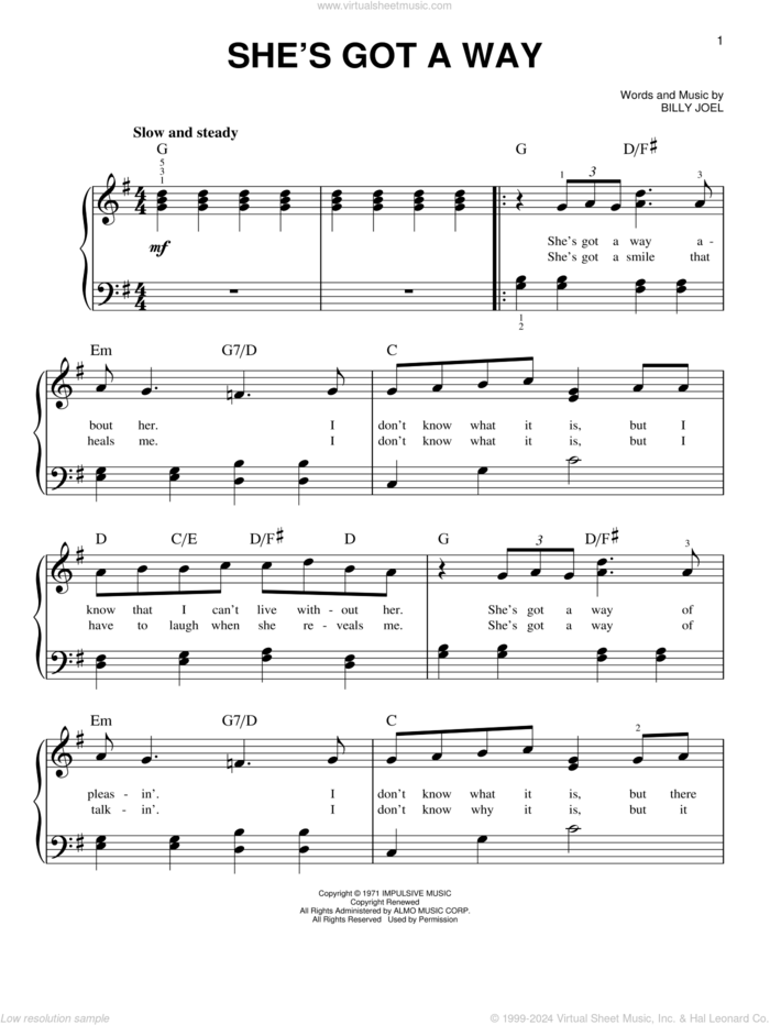 She's Got A Way sheet music for piano solo by Billy Joel, wedding score, easy skill level