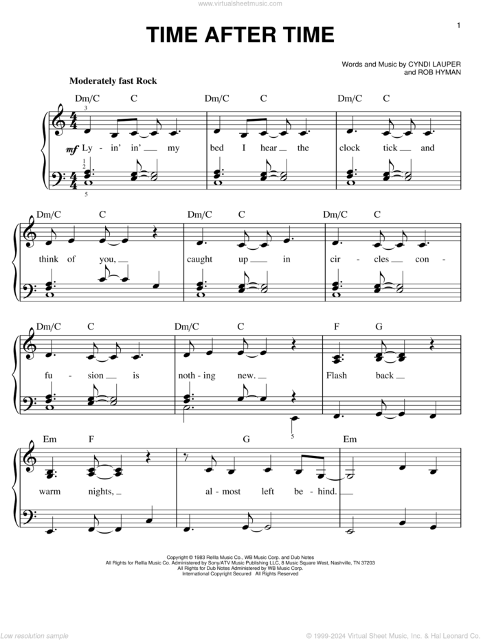 Time After Time sheet music for piano solo by Cyndi Lauper, Inoj and Rob Hyman, easy skill level