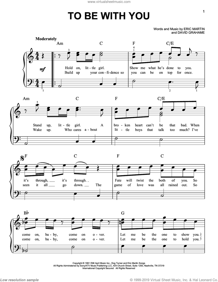 To Be With You sheet music for piano solo by Mr. Big, David Grahame and Eric Martin, easy skill level