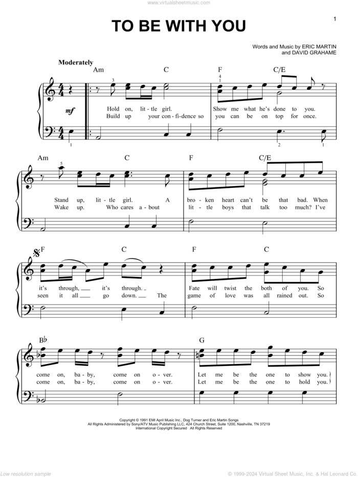 To Be With You sheet music for piano solo by Mr. Big, David Grahame and Eric Martin, easy skill level