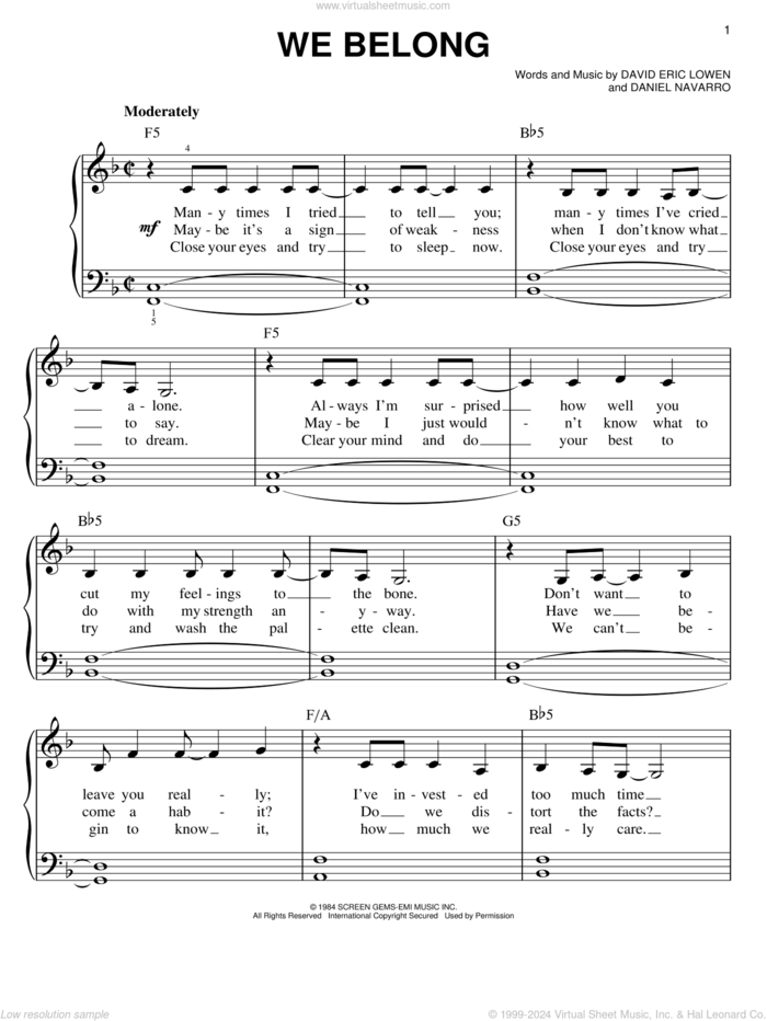 We Belong sheet music for piano solo by Pat Benatar, Daniel Navarro and David Eric Lowen, easy skill level