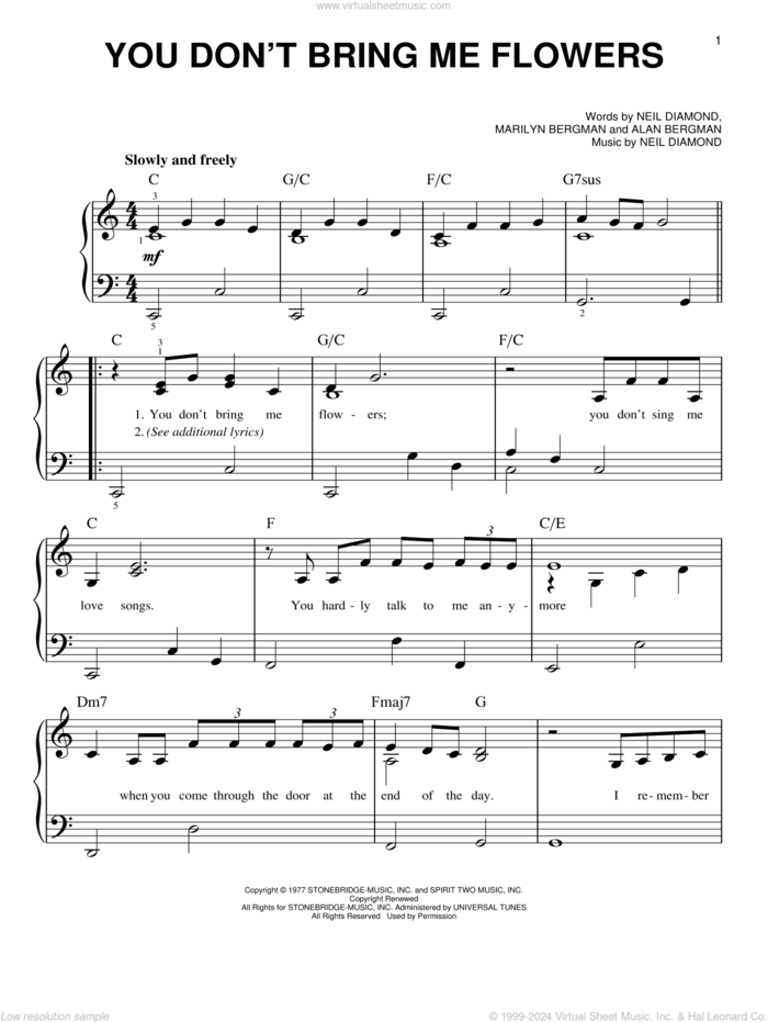 You Don't Bring Me Flowers sheet music for piano solo by Neil Diamond & Barbra Streisand, Barbra Streisand, Alan Bergman, Marilyn Bergman and Neil Diamond, easy skill level