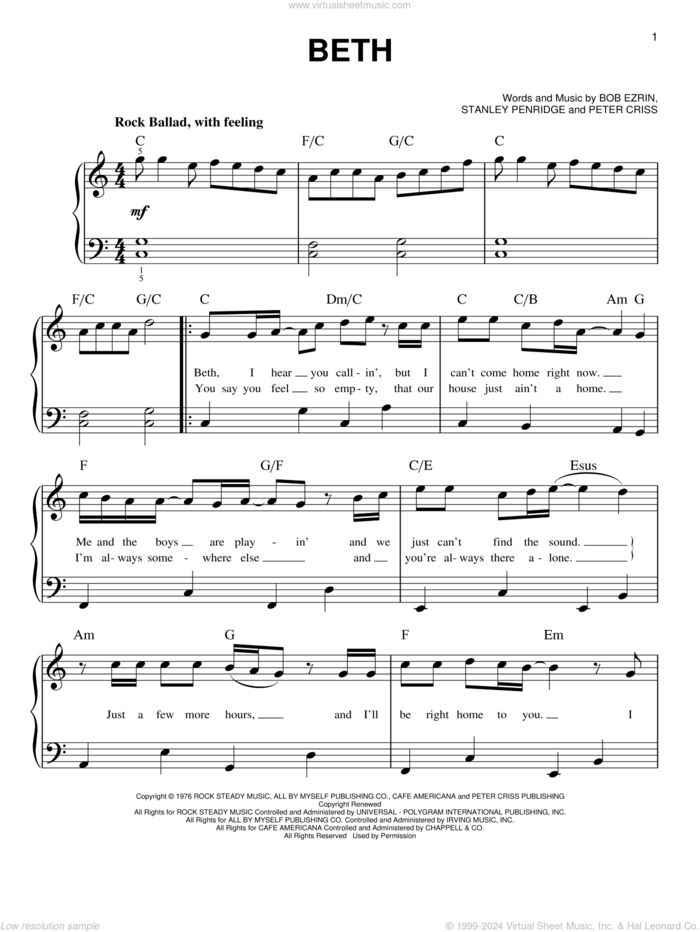 Beth sheet music for piano solo by KISS, Bob Ezrin, Peter Criss and Stan Penridge, beginner skill level