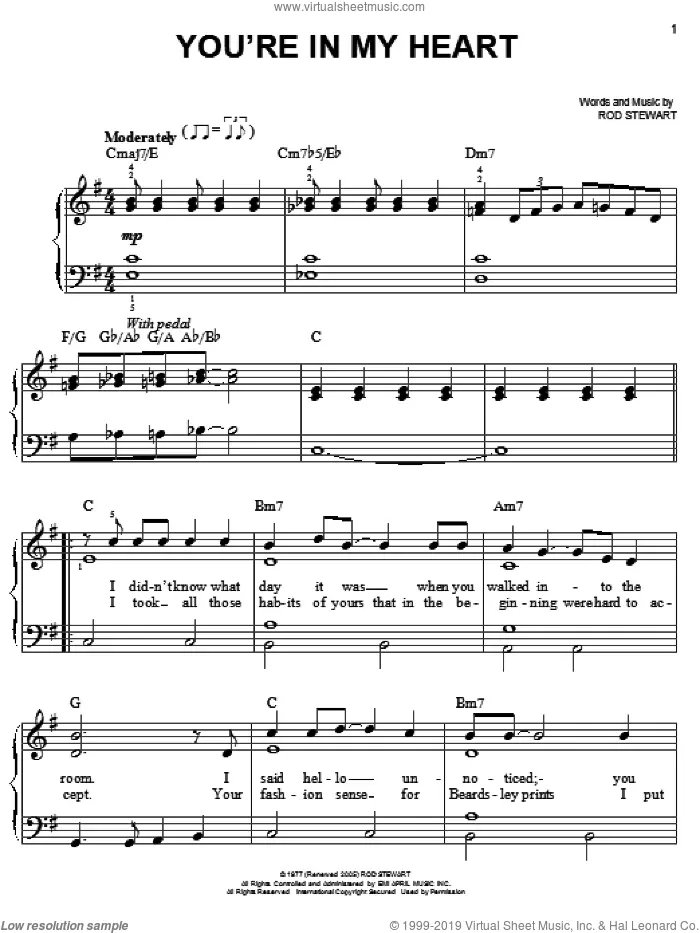You're In My Heart sheet music for piano solo by Rod Stewart, easy skill level