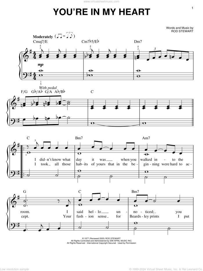 You're In My Heart sheet music for piano solo by Rod Stewart, easy skill level