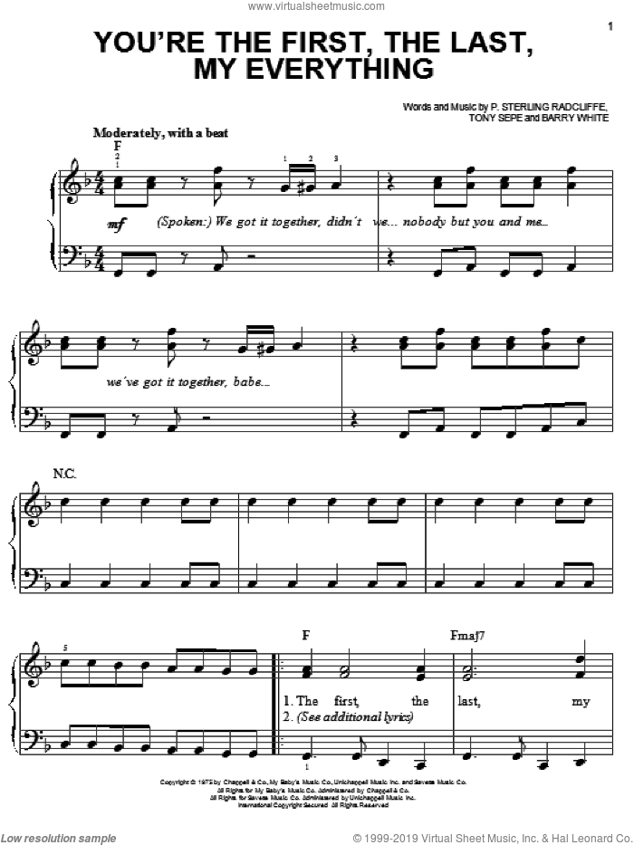 You're The First, The Last, My Everything sheet music for piano solo by Barry White, P. Sterling Radcliffe and Tony Sepe, easy skill level