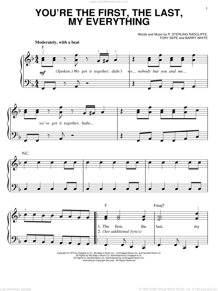 You're The First, The Last, My Everything sheet music for piano solo by Barry White, P. Sterling Radcliffe and Tony Sepe, easy skill level