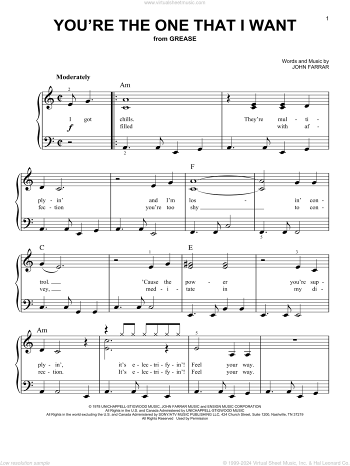 You're The One That I Want sheet music for piano solo by Olivia Newton-John and John Travolta, John Travolta, Olivia Newton-John and John Farrar, easy skill level