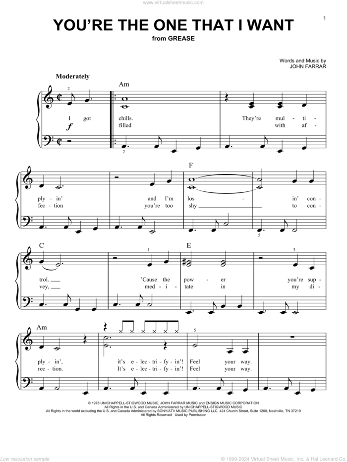 You're The One That I Want sheet music for piano solo by Olivia Newton-John and John Travolta, John Travolta, Olivia Newton-John and John Farrar, easy skill level