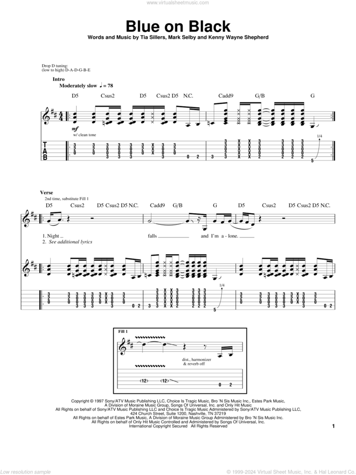 Blue On Black sheet music for guitar (tablature, play-along) by Kenny Wayne Shepherd, Mark Selby and Tia Sillers, intermediate skill level