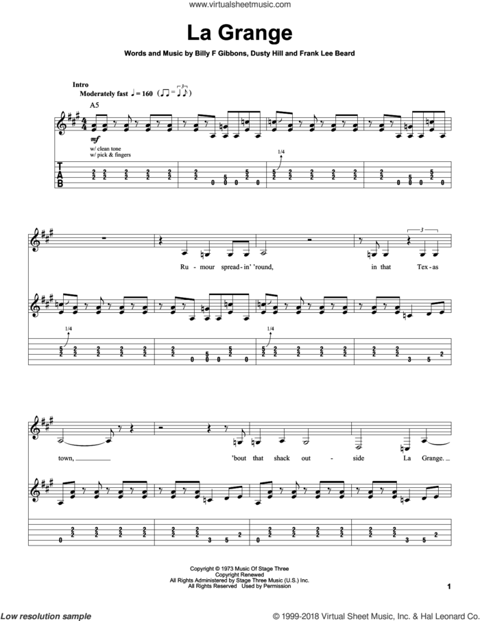 La Grange sheet music for guitar (tablature, play-along) by ZZ Top, Billy Gibbons, Dusty Hill and Frank Beard, intermediate skill level