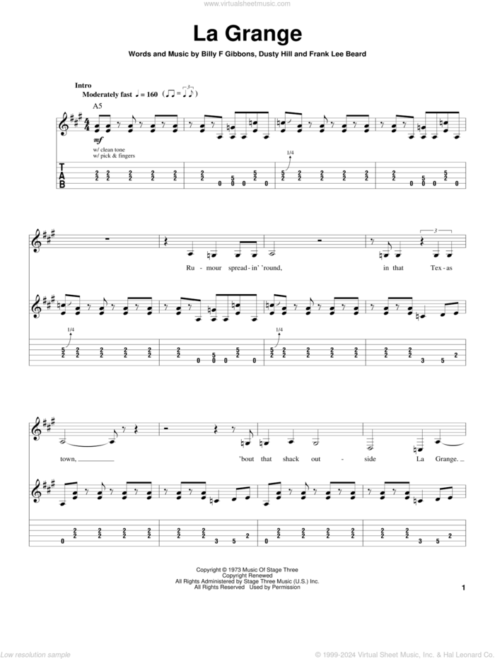 La Grange sheet music for guitar (tablature, play-along) by ZZ Top, Billy Gibbons, Dusty Hill and Frank Beard, intermediate skill level