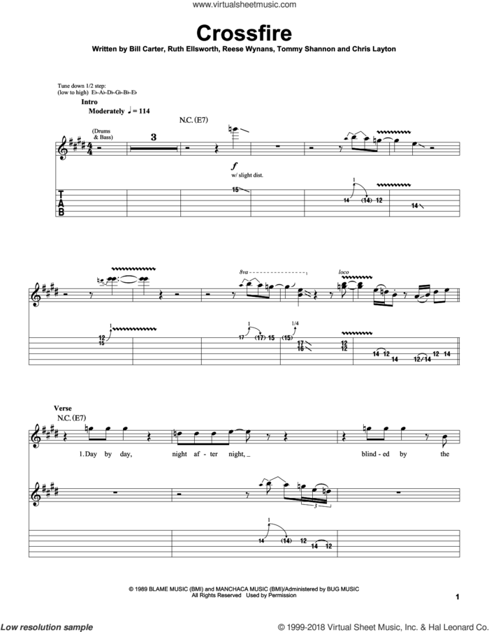Crossfire sheet music for guitar (tablature, play-along) by Stevie Ray Vaughan, Bill Carter, Reese Wynans and Ruth Ellsworth, intermediate skill level
