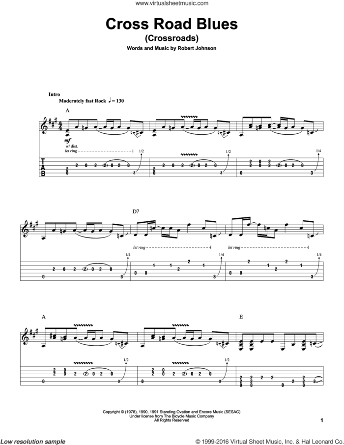 Cross Road Blues (Crossroads) sheet music for guitar (tablature, play-along) by Cream, Eric Clapton, Guitar Hero and Robert Johnson, intermediate skill level