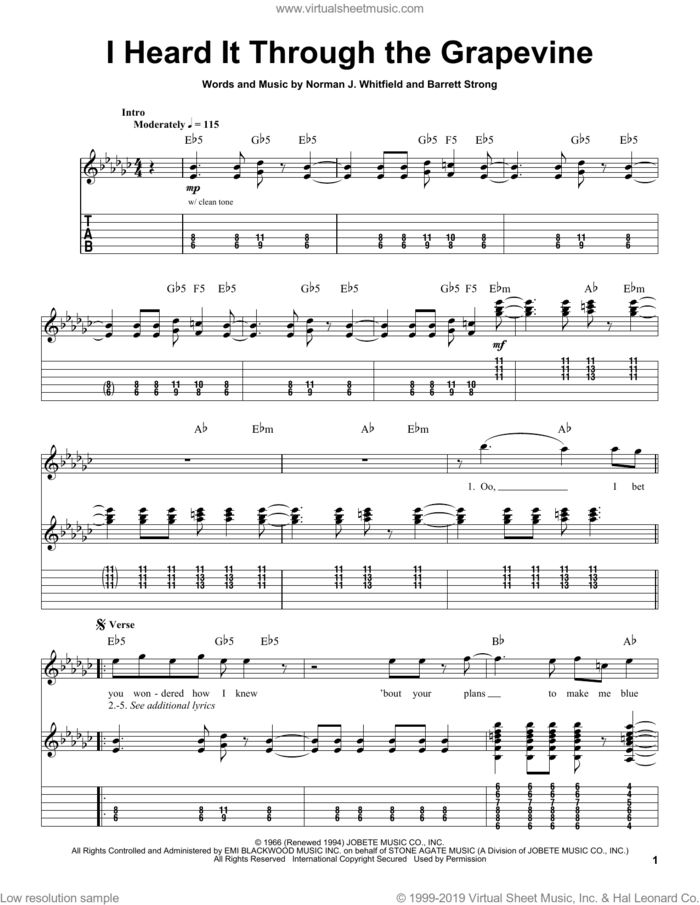 I Heard It Through The Grapevine sheet music for guitar (tablature, play-along) by Marvin Gaye, Gladys Knight, Michael McDonald, Barrett Strong and Norman Whitfield, intermediate skill level