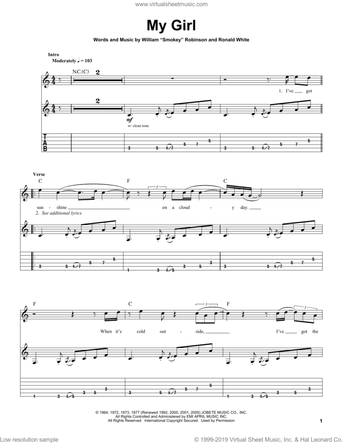 My Girl sheet music for guitar (tablature, play-along) by The Temptations and Ronald White, intermediate skill level