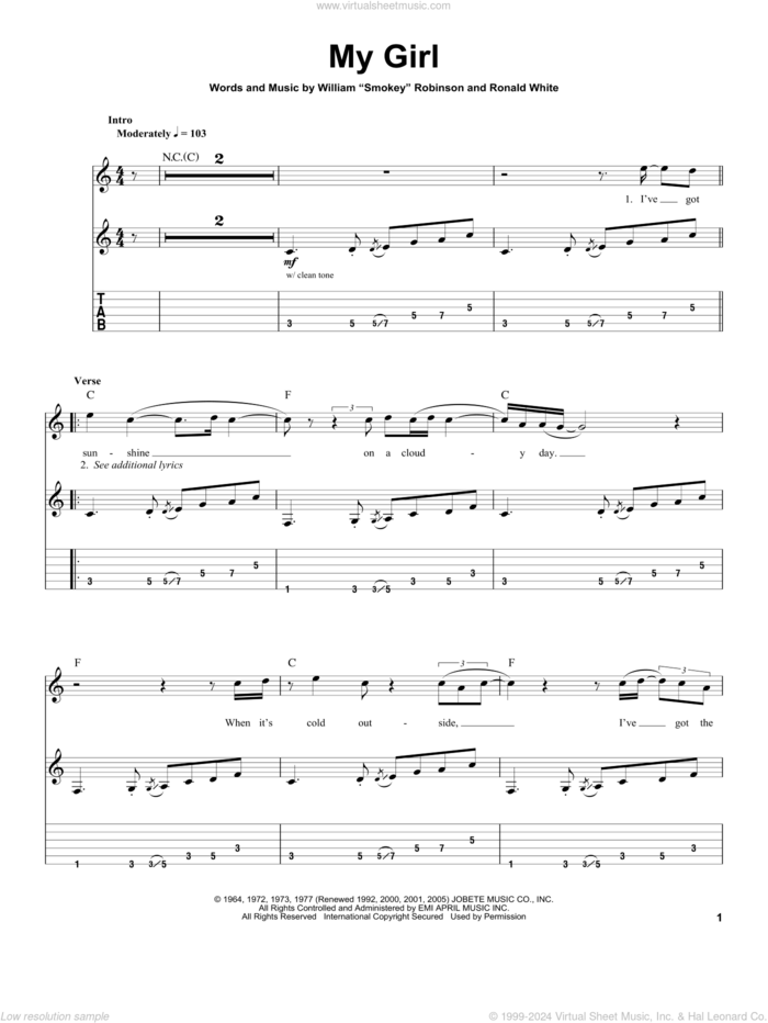 My Girl sheet music for guitar (tablature, play-along) by The Temptations and Ronald White, intermediate skill level