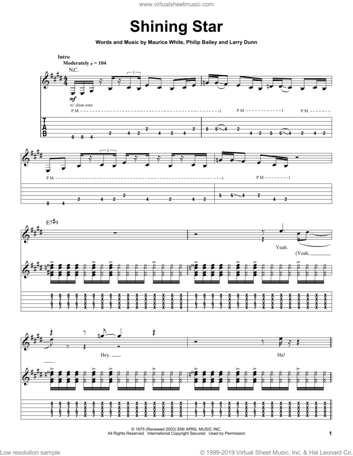 Shining Star sheet music for guitar (tablature, play-along) by Earth, Wind & Fire, Yolanda Adams, Larry Dunn, Maurice White and Philip Bailey, intermediate skill level