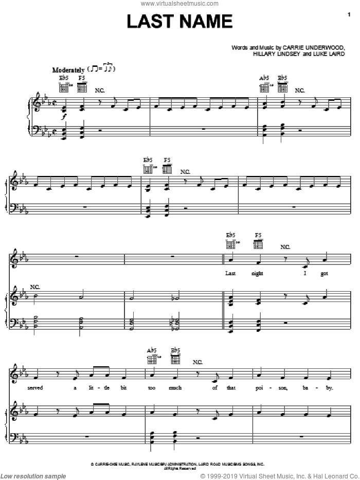 Last Name sheet music for voice, piano or guitar by Carrie Underwood, Hillary Lindsey and Luke Laird, intermediate skill level