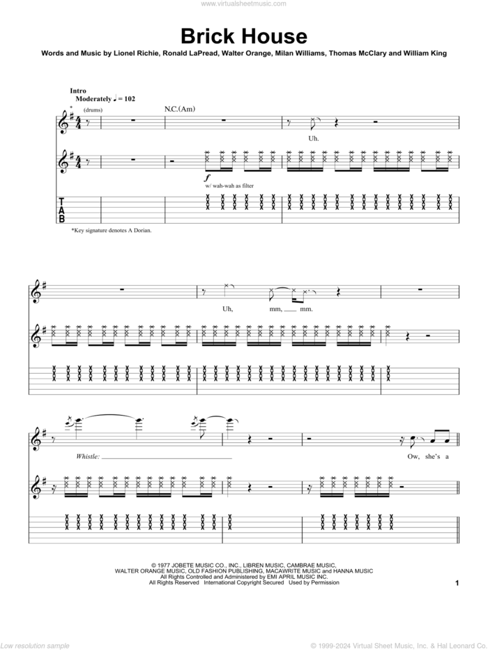 Brick House sheet music for guitar (tablature, play-along) by The Commodores, Lionel Richie, Ronald LaPread and Walter Orange, intermediate skill level