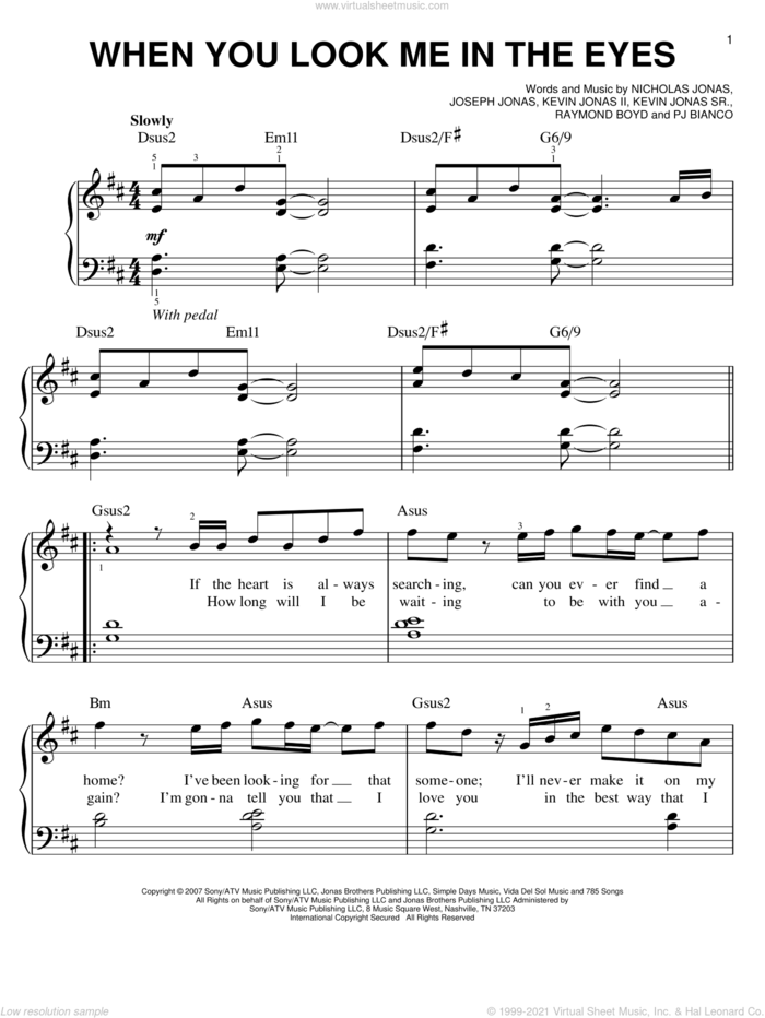When You Look Me In The Eyes sheet music for piano solo by Jonas Brothers, Joseph Jonas, Kevin Jonas II, Kevin Jonas Sr., Nicholas Jonas, PJ Bianco and Raymond Boyd, easy skill level