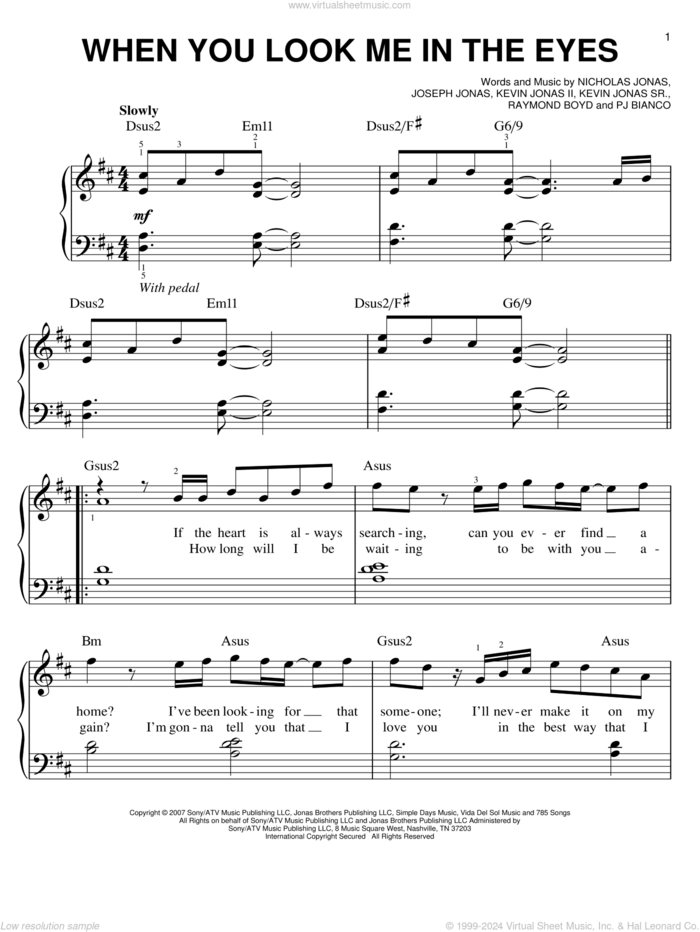 When You Look Me In The Eyes sheet music for piano solo by Jonas Brothers, Joseph Jonas, Kevin Jonas II, Kevin Jonas Sr., Nicholas Jonas, PJ Bianco and Raymond Boyd, easy skill level