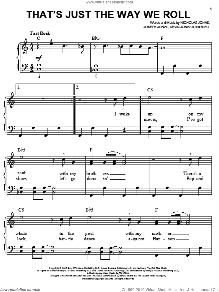 That's Just The Way We Roll sheet music for piano solo by Jonas Brothers, Bleu, Joseph Jonas, Kevin Jonas II and Nicholas Jonas, easy skill level