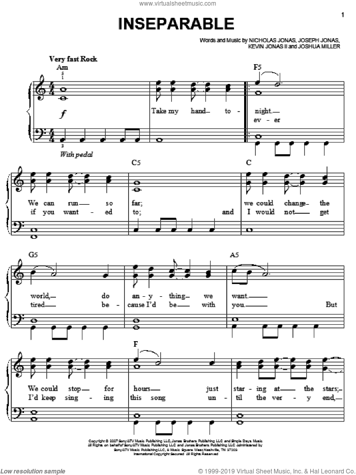 Inseparable sheet music for piano solo by Jonas Brothers, Joseph Jonas, Joshua Miller, Kevin Jonas II and Nicholas Jonas, easy skill level
